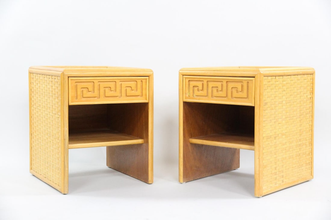 Pair of Rattan Nightstands by Stubert with Greek Key: Mid Century Modern Pair of Cubist Rattan Nightstands/ End Tables by Stubert. There is one drawer on each. They are a simple stand with rattan and with Greek Key details.Dimensions are 20.25 in h x 16.
