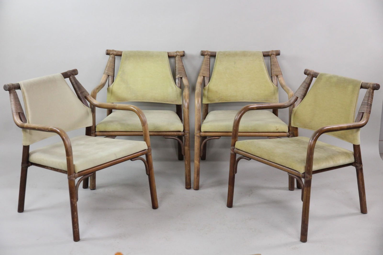 Set of 4 Horsnaes Bamboo & Velvet Safari Chairs: Pair of Danish Mid-Century Modern Bamboo & Velvet Safari Chairs, Boho. Matching set of 4 chairs with bent bamboo frames and pale yellow velvet upholstered seats and backs.Dimensions are 31 in h x 24 i
