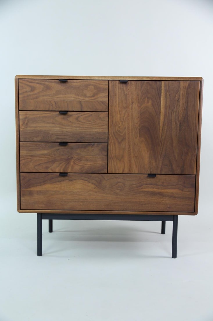 Contemporary Room & Board Hensley Tall Dresser, Walnut: Room & Board Hensley Solid Walnut Dresser. Contemporary dresser in solid walnut with 4 drawers and a one door cabinet. With graphite base. Marked Room & Board Handcrafted in Wisconsin inside drawer.