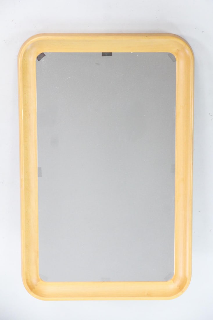Danish Blonde Wood Mirror with Rounded Corners: Danish Mid-Century Modern Blonde Wood Mirror with Rounded Corners. Minimalist rectangular wall mirror in a blonde wood frame with rounded corners.Dimensions are 33.5 in h x 21.5 in w x 1.75 in d. Cond