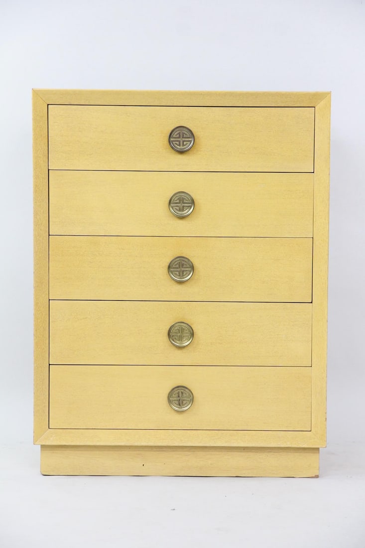 Tall Dresser, Chinoisserie Pulls: Mid-century Modern 5-Drawer Blonde Wood & Brass Dresser, Chest of Drawers. A dresser made of light, blonde wood veneer with round Asian-inspired brass pulls. Dimensions are 47 in h x 36 in w x 19