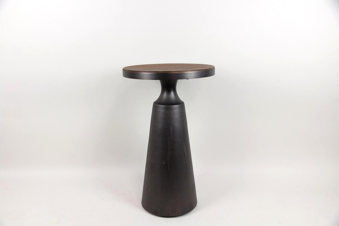 Contemporary Sculptural End Table, Teak & Hammered Brass (1 of 8)