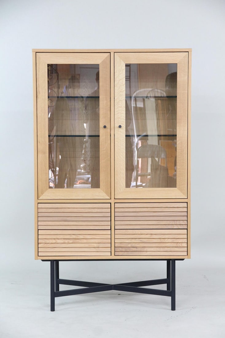 Room & Board Adrian Cabinet, White Oak & Steel: Contemporary Modern Room & Board Adrian Cabinet, White Oak & Steel. This storage cabinet made of white oak with glass shelving features push-to-open / soft close doors & drawers. It sits atop an
