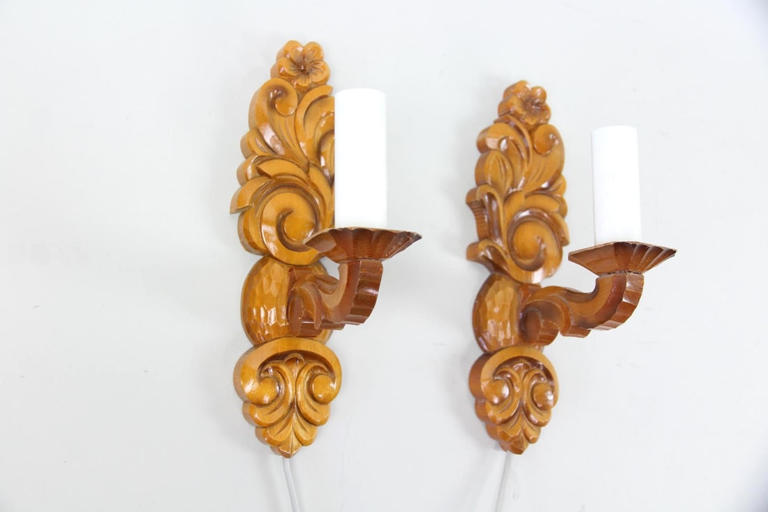Pair of Folk Art Wood Sconces, Carved Floral (1 of 6)