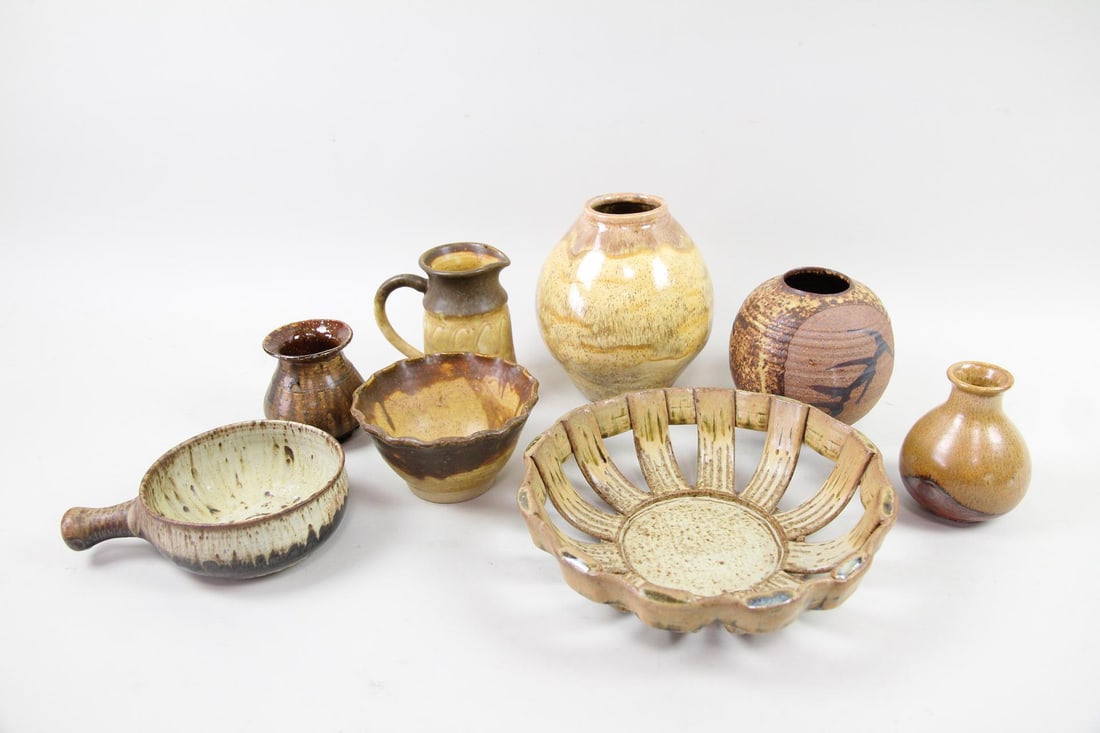 Lot of 8 Studio Pottery Vessels, Brown & Ochre (1 of 19)