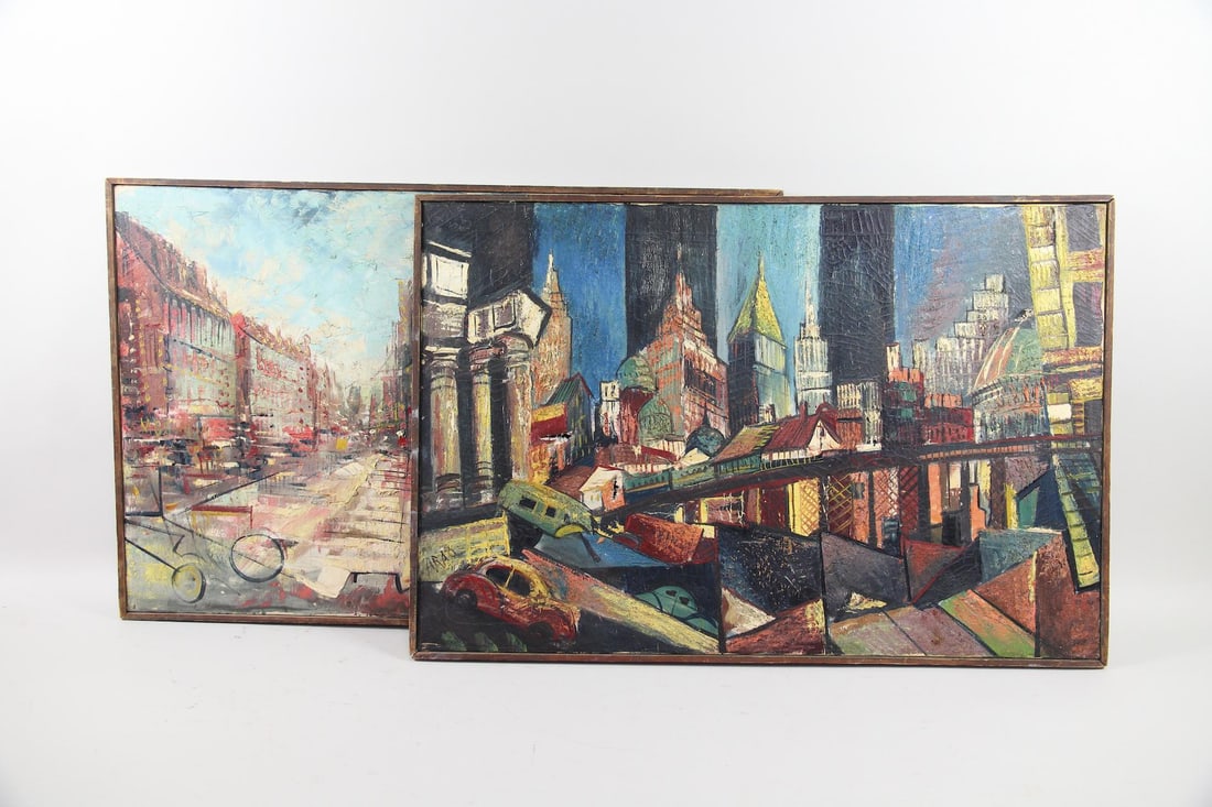 Pair of Abstract Cityscape Paintings, Signed: Pair of Abstract Cityscape Paintings, Signed. A pair of cityscape paintings on stretched canvas, with bright hues and impasto paint handling. Artist's signature to the bottom left of each, appears to