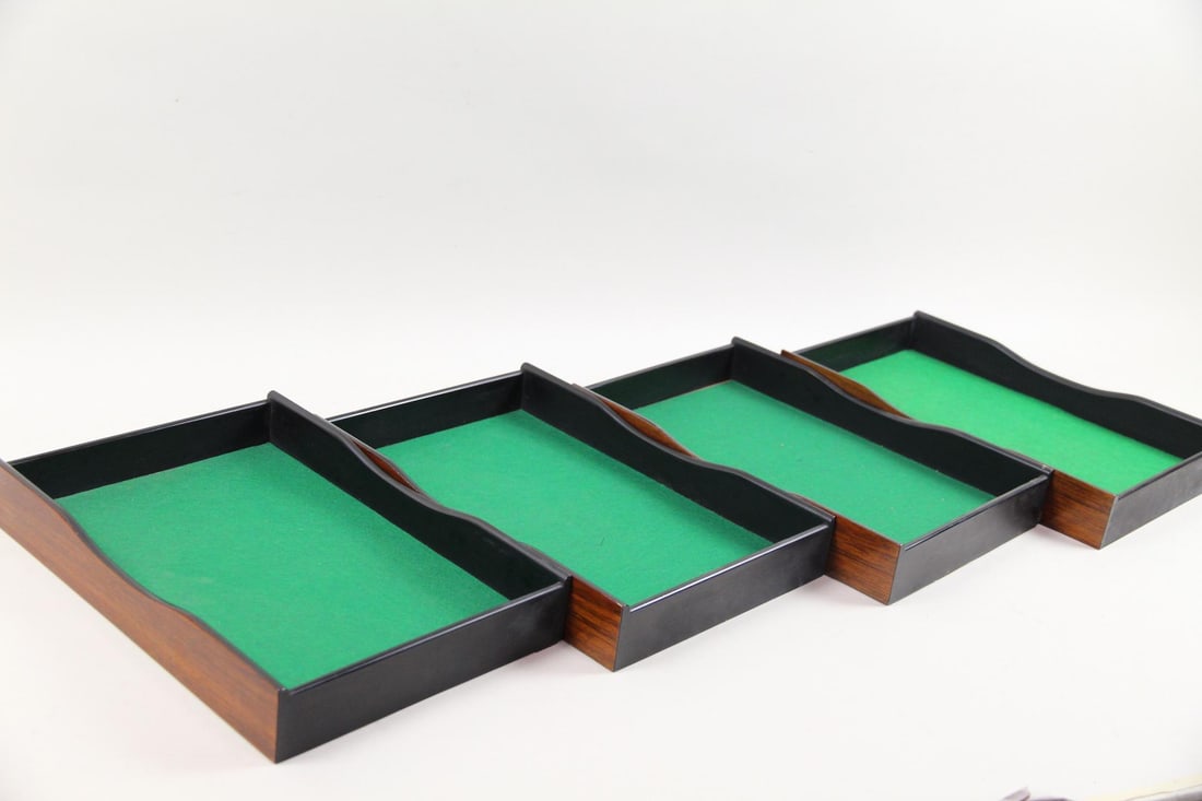 Set of 4 Danish Modern Desktop Letter Trays: Set of 4 Danish Modern Desktop Letter Trays. Four matching trays with teak construction and green felt interiors.Dimensions are 2.5 in h x 15 in w x 10 in d. Condition is good with minor wear. Please