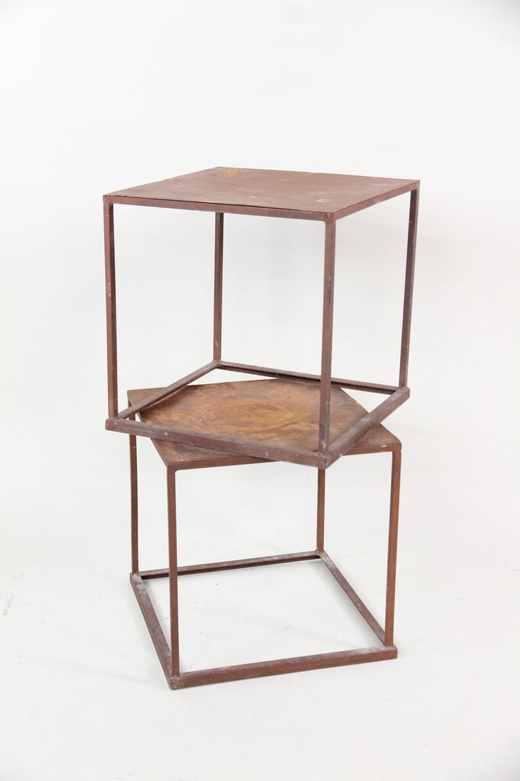 Pair of Industrial Cube Side Tables, Weathered Steel (1 of 12)