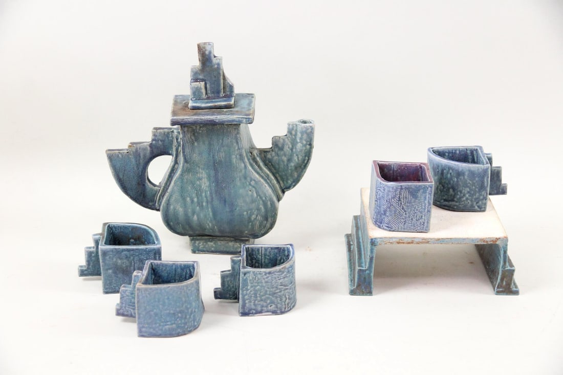 Brutalist Postmodern Ceramic Tea Set, Cups & Teapot, Artisan Made (1 of 14)