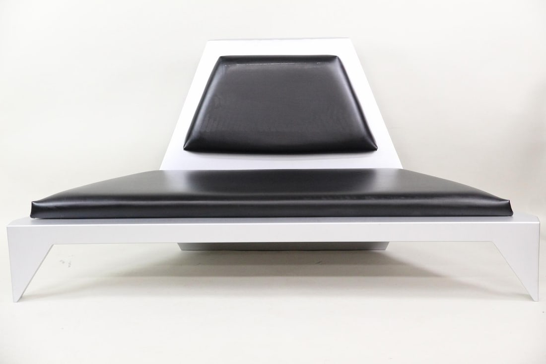 Richard Humann Futuristic Sculptural Aluminum & Vinyl Sofa: Richard Humann Futuristic Aluminum & Vinyl Sofa. Incredible sofa made of aluminum and black vinyl by the neoconceptual artist Richard Humann (Woodstock & Brooklyn NY, born 1961.)Dimensions are 36 in h