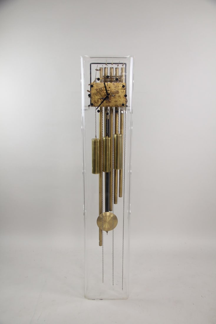 Minimalist Space Age Kieninger "Time Machine" Lucite Tall Case Clock: Mid Century Modern Minimalist Lucite Acrylic Tall Case Clock. Some call this the Kieninger "Time Machine". The tall floor standing clock has a clear case of lucite or acrylic with 4 large circular cut