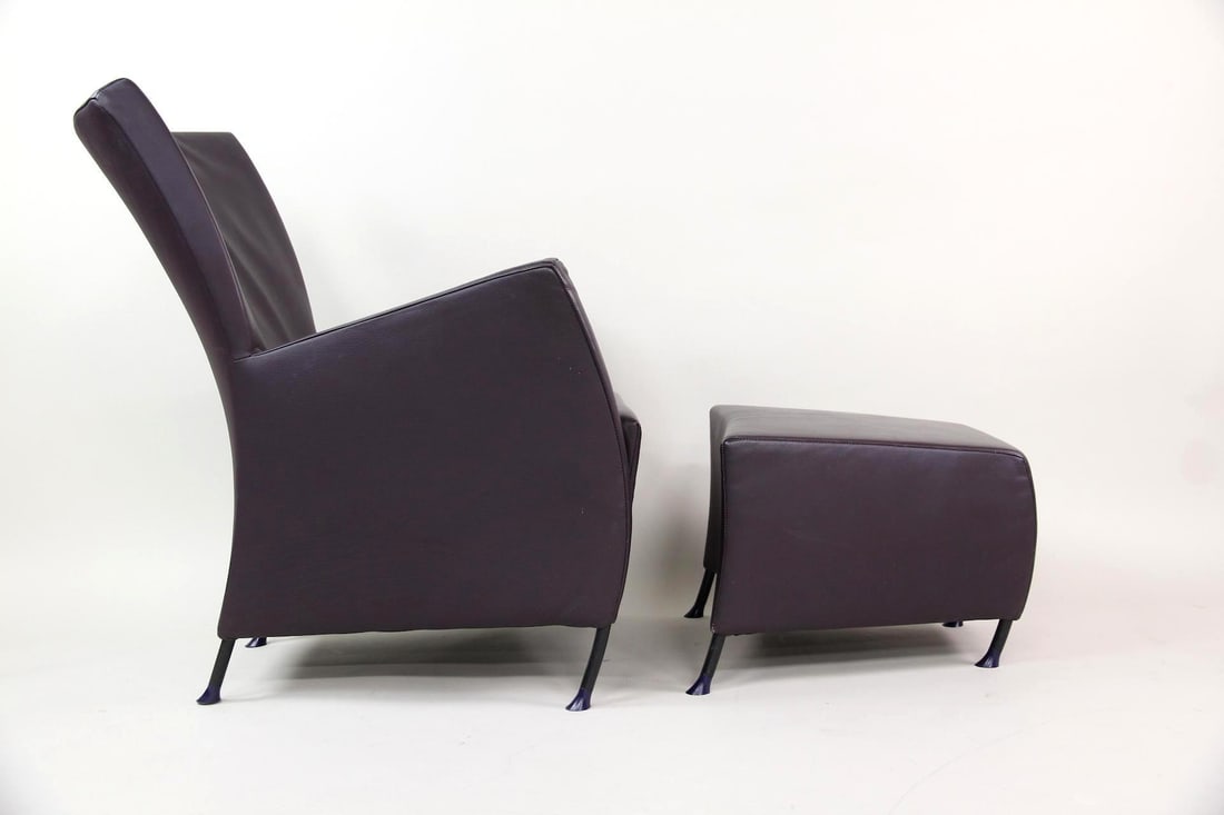 Windy Lounge Chair & Ottoman by Gijs Papavoine for Montis: Postmodern 'Windy' Lounge Chair & Ottoman by Gijs Papavoine for Montis. A lounge chair and ottoman with distinctive Postmodern lines, featuring high backs, brushed metal legs, and plum colored leather