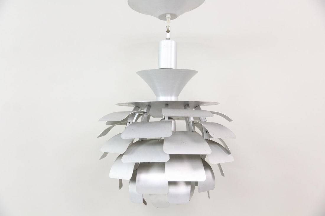 Aluminum Artichoke Pendant Light, Poul Henningsen: Mid-Century Modern Aluminum Artichoke Pendant Light Lamp, Manner of Poul Henningsen. Hanging light fixture made of aluminum, unmarked.Dimensions are 23 in h x 15 in w x 15 in d. Condition is good with