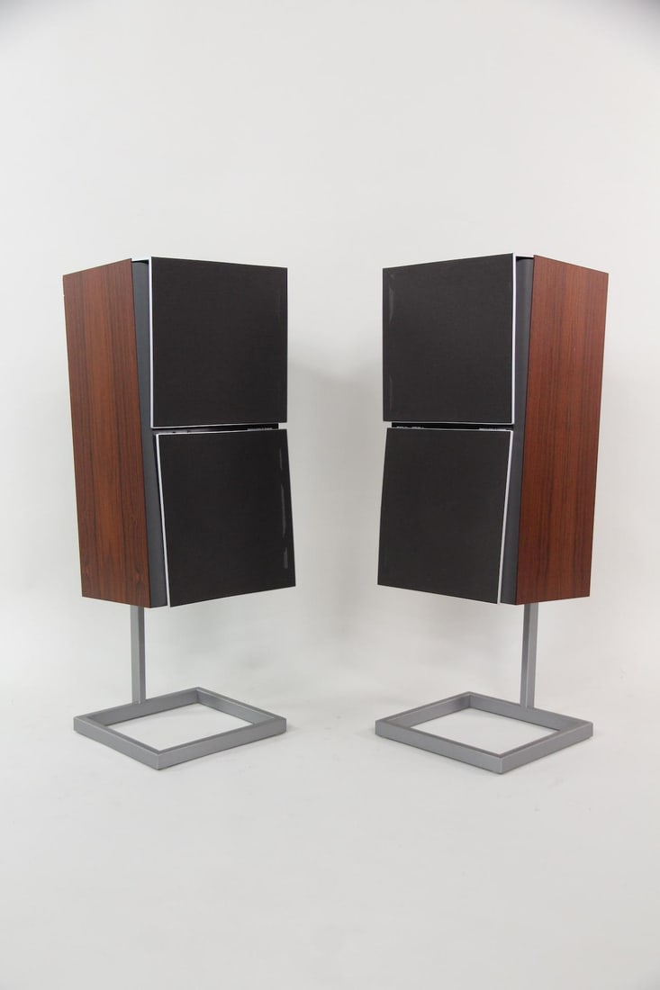 Pair of Jacob Jensen for Bang & Olufsen Beovox S50 Speakers: Pair of Danish Mid-Century Modern Jacob Jensen for Bang & Olufsen Beovox S50 Stereo Speakers. Matching pair of speakers on metal stands, designed by Jacob Jensen. Cases are rosewood and speakers are m