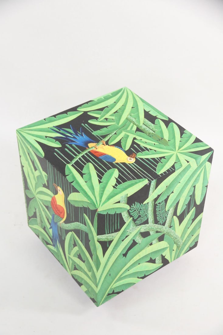 Painted Haitian Folk Art Pedestal Side Table, Tropical Birds: Painted Haitian Folk Art Pedestal Side Table, Tropical Birds. Wooden cube pedestal or side table is painted in vibrant colors depicting a tropical scene with foliage and colorful tropical birds. Signe