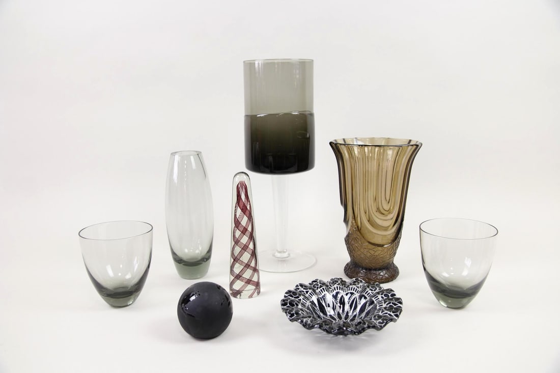 Lot of 8 Smoked Glass Vessels, Vases, Holmegaard & Murano Obelisk (1 of 17)