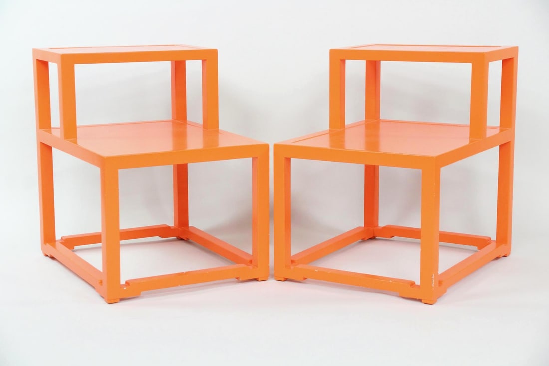 Pair of Edward Wormley for Dunbar Orange Side Tables: Pair of Mid-century Modern Edward Wormley for Dunbar Orange Side Tables. Matching pair of end tables with strong rectilinear frames and unusual bright orange painted wood finish. Embossed marking