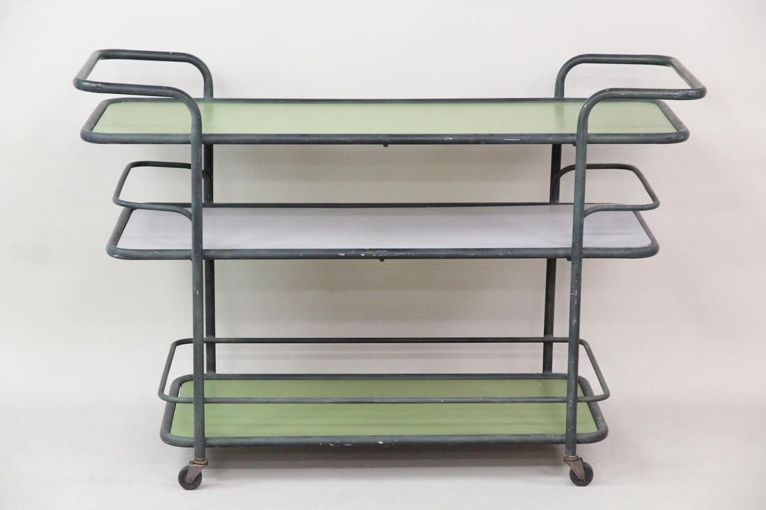 Aluminum Patio Bar Cart by Richard Frinier for Brown Jordan: Mid-Century Modern Aluminum Patio Bar Cart by Richard Frinier for Brown Jordan. Three tier cart with gray painted aluminum frame and green and white painted composite shelves. Dimensions are 33.5