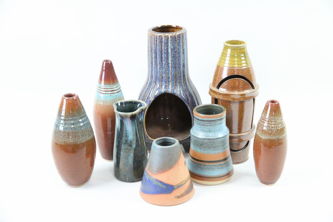 Lot of 8 Studio Pottery Vessels, Blues & Browns (1 of 16)