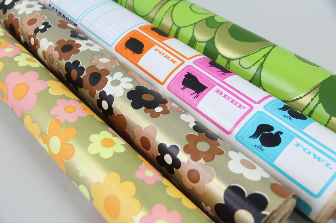 4 Rolls of Mid-Century Modern Con-Tact Paper, Flower Power: 4 Rolls of Mid-Century Modern Con-Tact Paper, Flower Power. Four rolls of Con-Tact decorative plastic shelf liner paper in 4 colorful patterns, including 2 with iconic "flower power" designs. 1960's