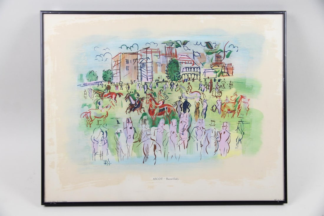 Raoul Dufy "Ascot" Lithograph in Colors 1946: Raoul Dufy "Ascot" Lithograph in Colors 1946. Hand-colored lithograph titled "Ascot" by the artist Raoul Dufy (French, 1877-1953) depicting a lively scene at the famous Ascot Racecourse in Berkshire,