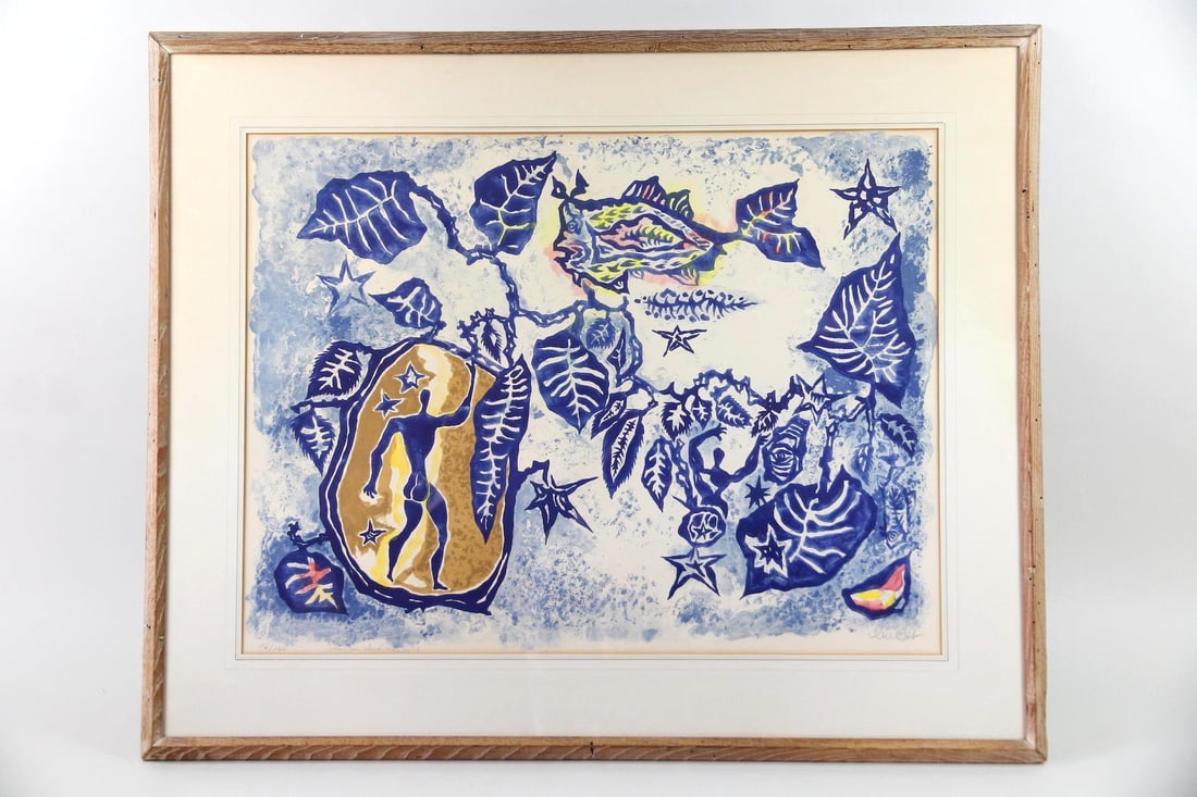 Abstract Lithograph Print by Jean Lurcat, Man With Foliage: Abstract Lithograph Print by Jean Lurcat, Man With Foliage. This is an illustrative print on paper depicting a human figure, fish, leaves, and stars. Signed in pencil by the artist Jean Lurcat