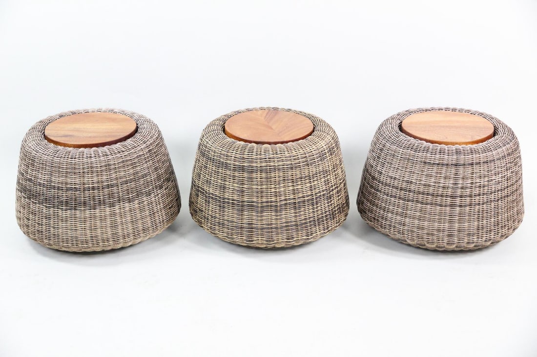 Set of 3 MC Home Woven Outdoor "Esperanza" Stools in Natural: Set of 3 MC Home Custom Woven Outdoor "Esperanza" Stools/ Side Tables in Natural. Three matching contemporary outdoor stools, with woven "natural" color polypropylene bodies and teak tops. These