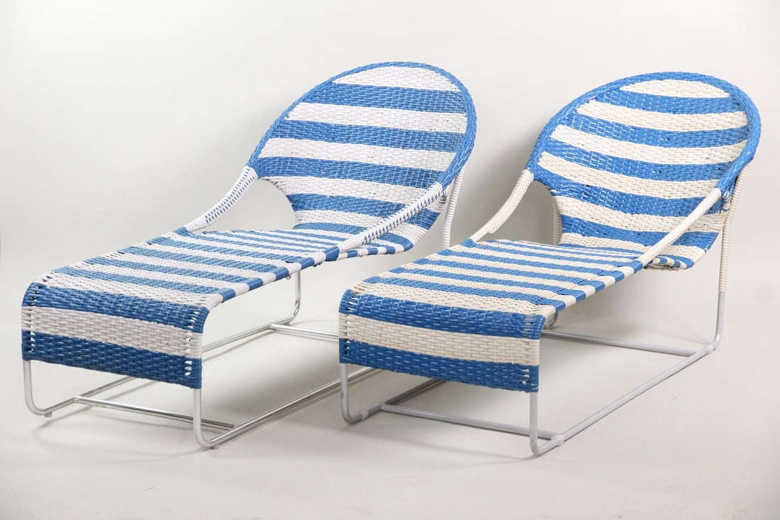 Pair of MC Home "Cabo" Outdoor Woven Chaises in Blue & White: Pair of MC Home "Cabo" Outdoor Woven Chaises, Manner of Francis Mair. Two contemporary outdoor chaise lounges with hooped back and open sides, with woven blue & white stripe polypropylene seats on bru
