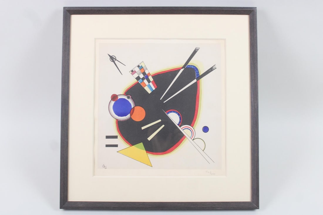 Abstract Wassily Kandinsky Print, "Komposition A Tache Noir": Wassily Kandinsky Print, "Komposition A Tache Noir". A lithograph print on paper by Wassily Kandinsky (Russian, 1866-1944) with a brightly colored abstract composition. Initialed and dated in the