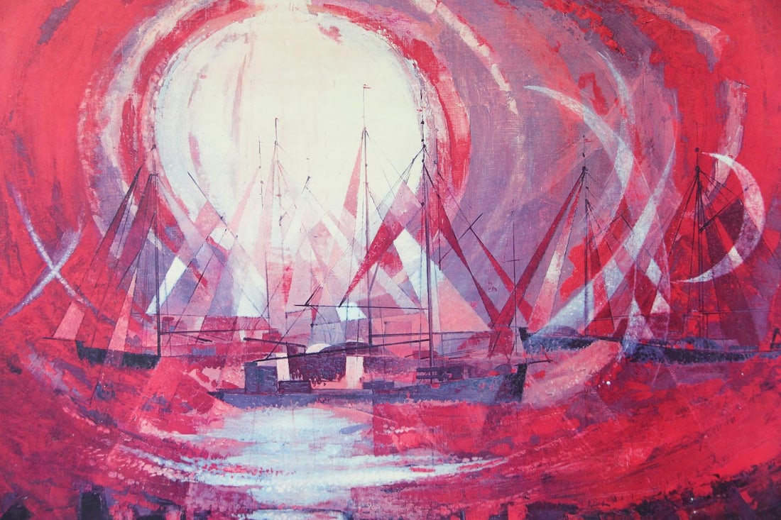 Carlo Rosberg "Sun Prisms" Sailboats Danish Modern Print: Carlo Rosberg "Sun Prisms" Sailboats Danish Modern Print. Lithograph in pink tones, mounted to masonite, featuring boats in a harbor with a vibrant sunset. By the artist Carlo Rosberg (Danish,