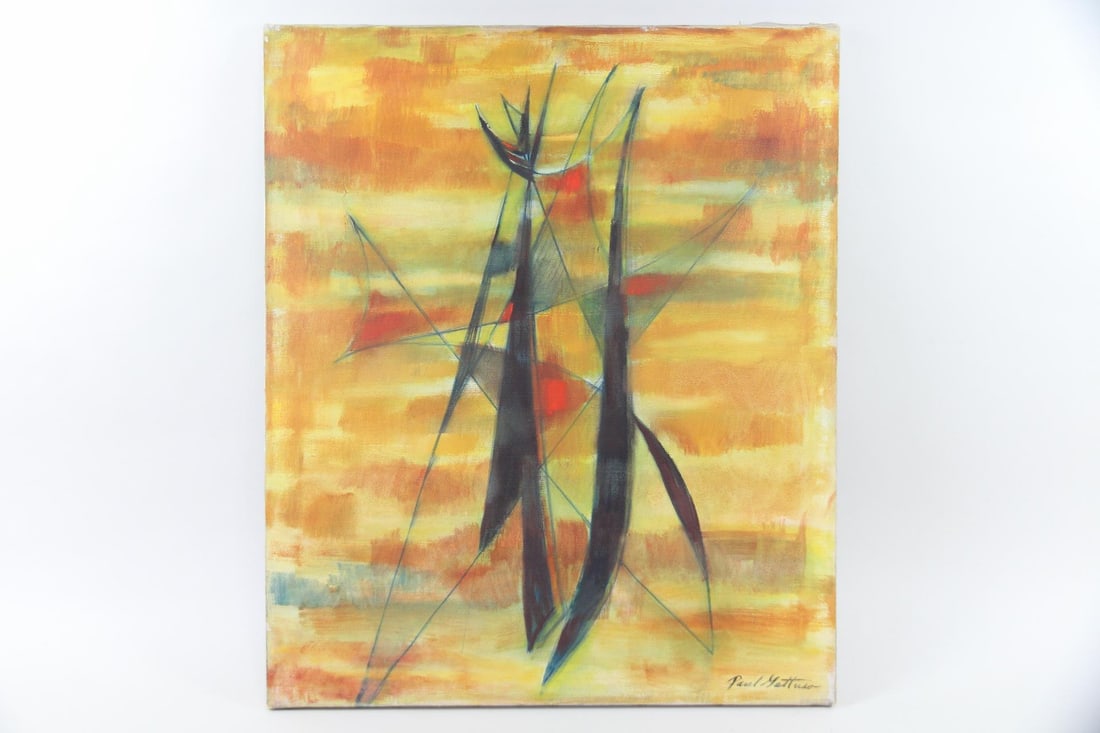 Paul Gattuso Abstract Painting "Transcendental Man": Paul Mattuso Abstract Painting "Transcendental Man". Abstract painting on stretched canvas, likely from the 1940's, signed lower right by the artist Paul Gattuso (American 20th C.) Titled on the back.