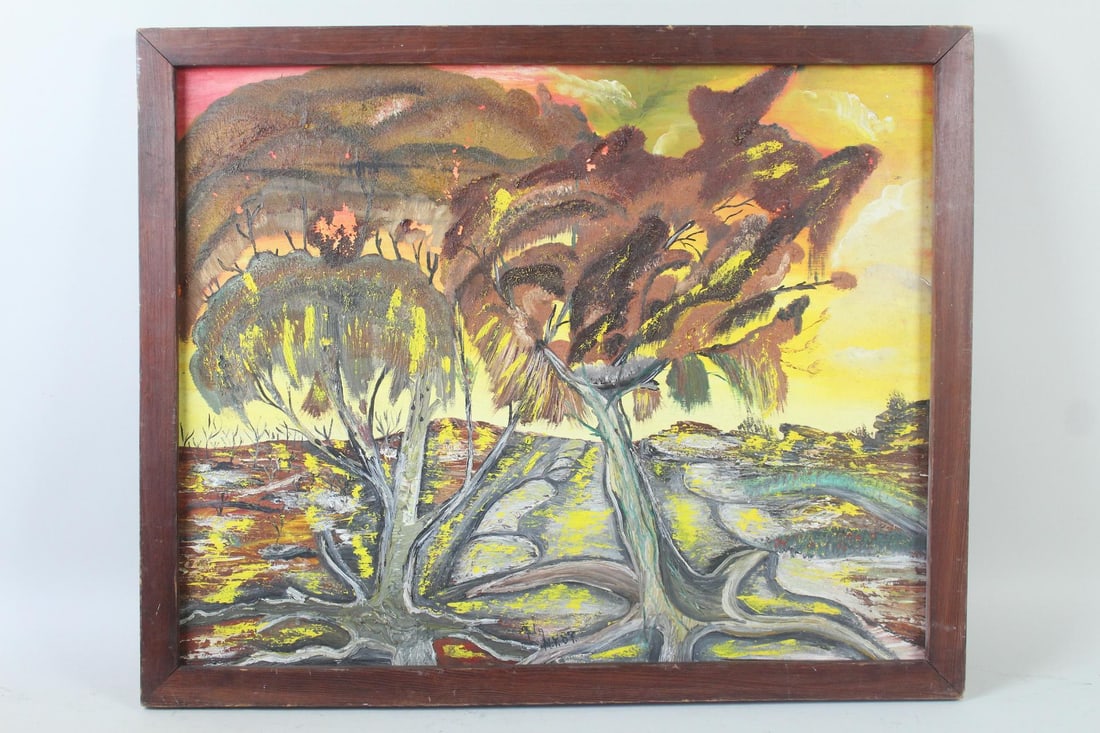 Expressionist Environmental Painting, Signed 1987: Expressionist Trees on Fire Environmental Painting, Signed 1987. Dramatic painting on stretched canvas depicting 2 knarled trees in the foreground, with scorched earth in the background, under a fiery