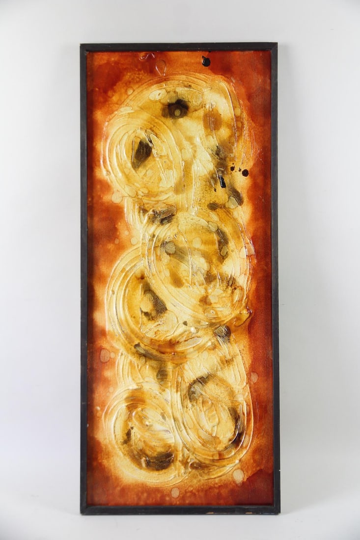 Textured Abstract Expressionist Painting, Bjarne Margon: Textured Abstract Expressionist Painting, Bjarne Margon. Textured painting on board in rich colors of reddish brown, ochre, black and off-white. A label on the back identifies the artist as Bjarne