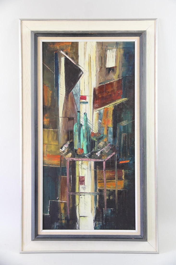 Abstract Expressionist Tabletop Still Life Painting, Signed: Abstract Expressionist Tabletop Still Life Painting, Signed. Colorful painting on linen in a loose and fragmented style of bottles and fruit on a tabletop. Signed indistinctly and in a wooden frame.Di