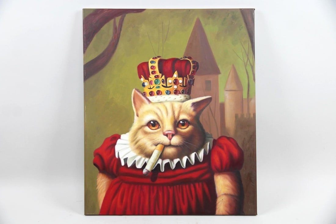 Fantastical Painting, Cat with Cigarette, Manner of Donald Roller Wilson: Surreal Painting, Cat with Cigarette, Manner of Donald Roller Wilson. A painting on canvas depicting a cat wearing a red ruffled dress & jeweled crown and smoking a cigarette. Realistic &