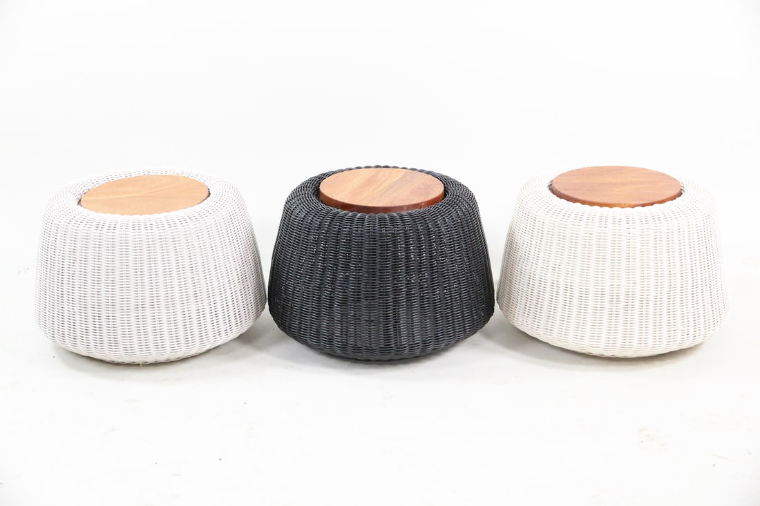 Set of 3 MC Home Woven Outdoor "Esperanza" Stools in Black & White: Set of 3 MC Home Custom Woven Outdoor "Esperanza" Stools/ Side Tables in Black & White. Three matching contemporary outdoor stools, with one woven black and two white color polypropylene bodies and te