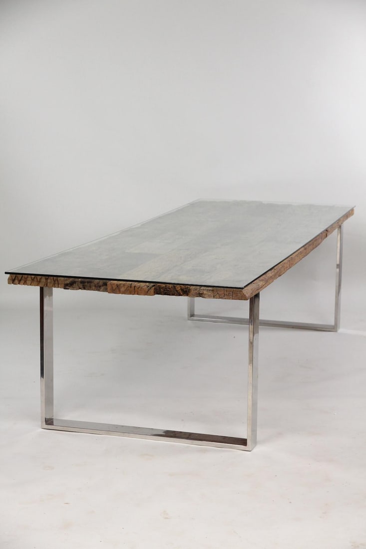 Custom 10 Ft Weathered Salvaged Wood Top Dining Table with Minimalist Legs (1 of 17)