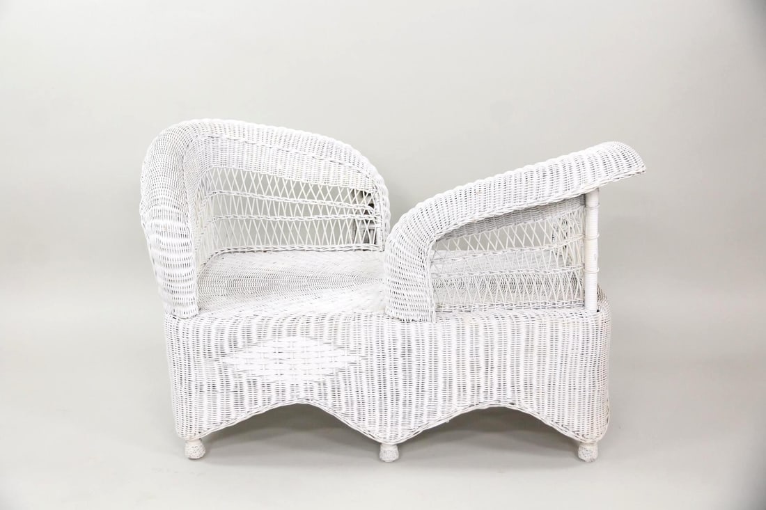 Wicker Garden Tete a Tete, Conversation Loveseat: Wicker Garden Tete a Tete, Conversation Loveseat. A tete a tetemade of white painted wicker, featuring a curved apron and rounded feet. Dimensions are 30in h x 49 in w x 21 in d. Seat rise is 16 in h.