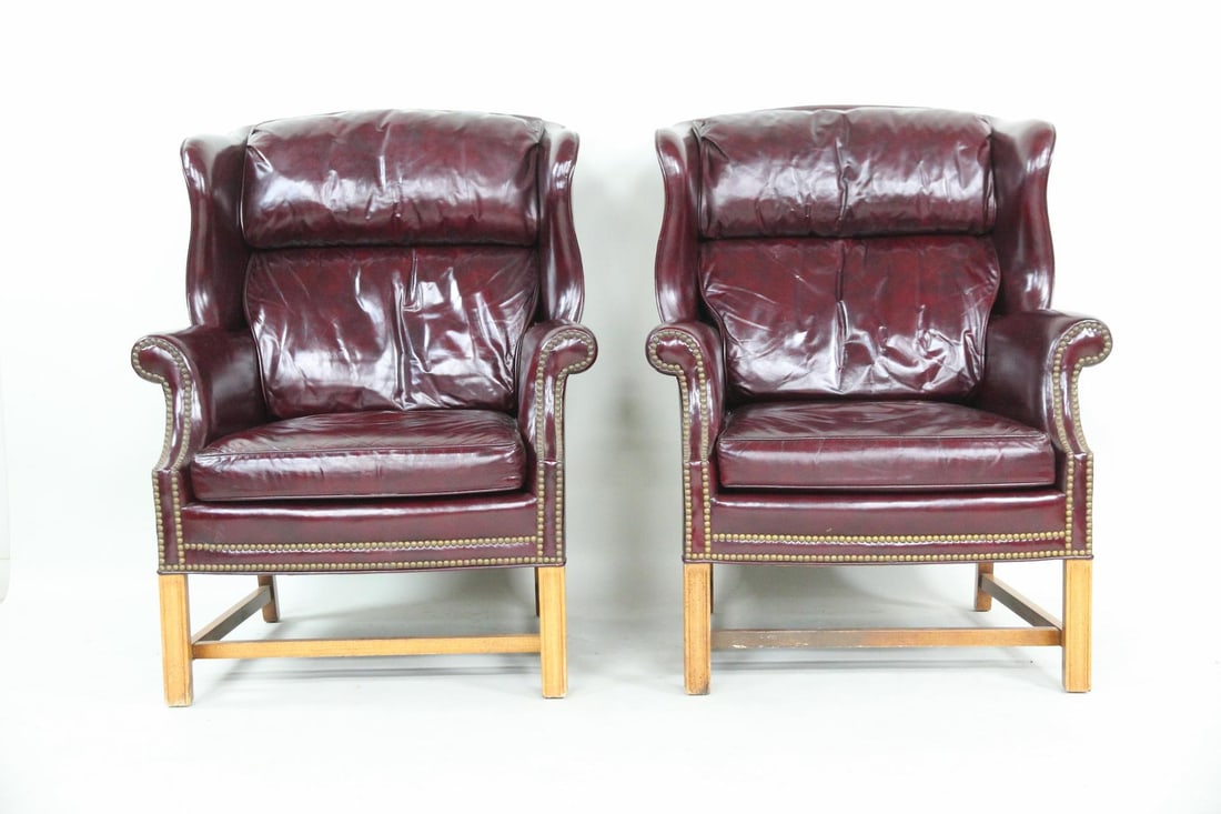 Pair of Oxblood Red Leather Wingback Chairs (1 of 13)