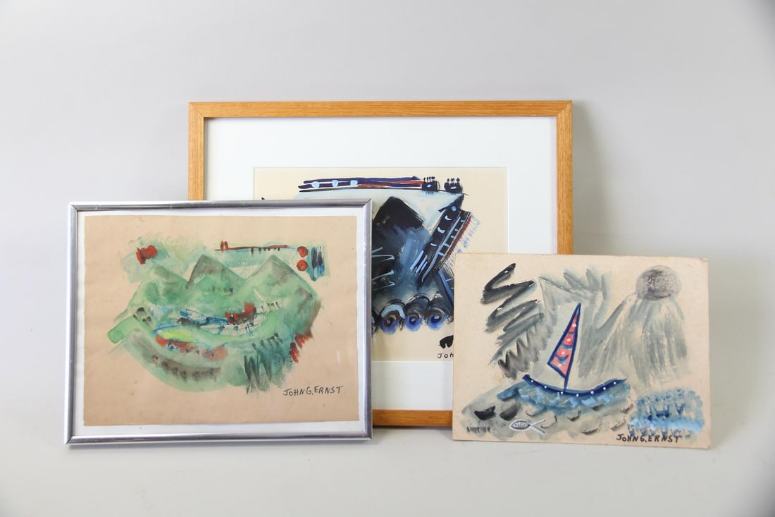Group of 3 Landscape Paintings by John G. Ernst, Woodstock Artist: Group of 3 Abstract Expressionist Landscape Paintings by Woodstock NY Outsider Artist John G. Ernst. This is group consists of three paintings on paper depictingloose, abstracted landscapes in blues &