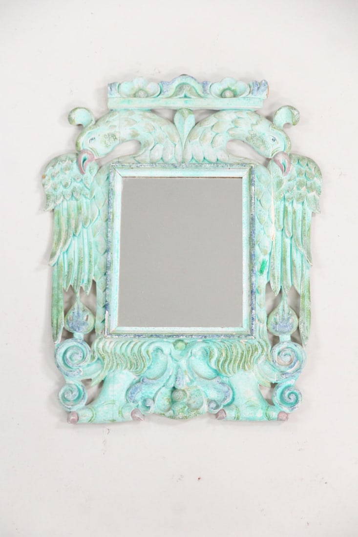 Verdigris Painted & Carved Wood Mirror with Peacocks (1 of 15)