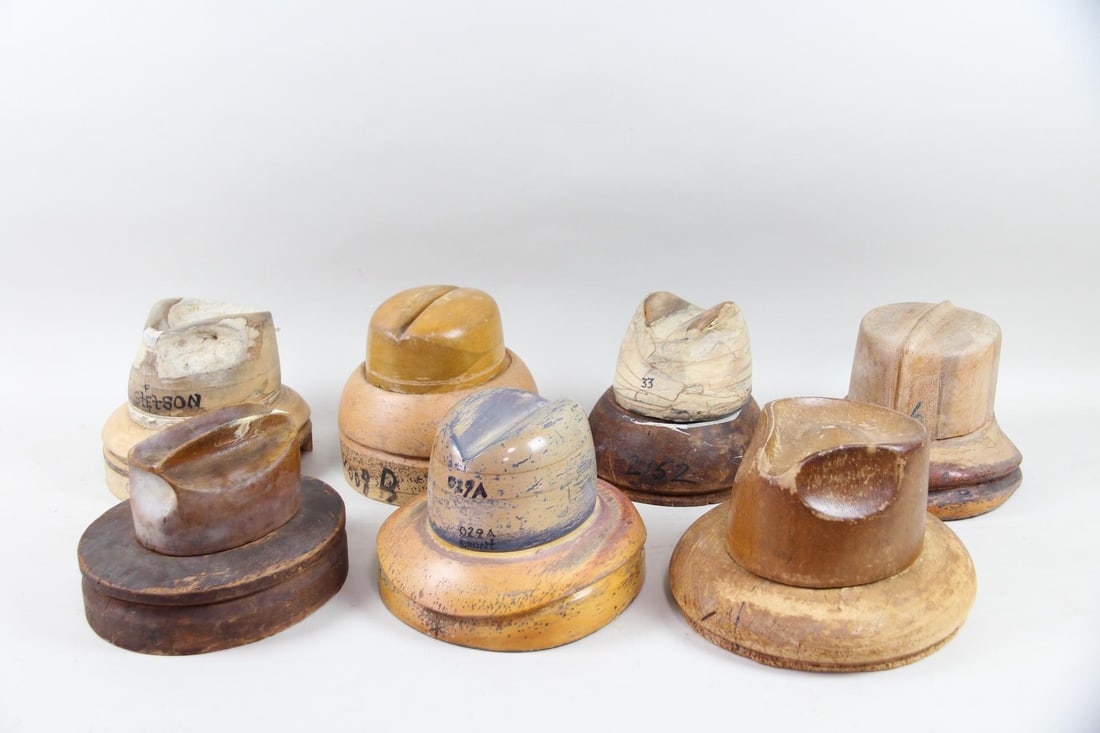Lot of 7 Wooden Millinery Factory Hat Blocks with Medium Brims (1 of 17)