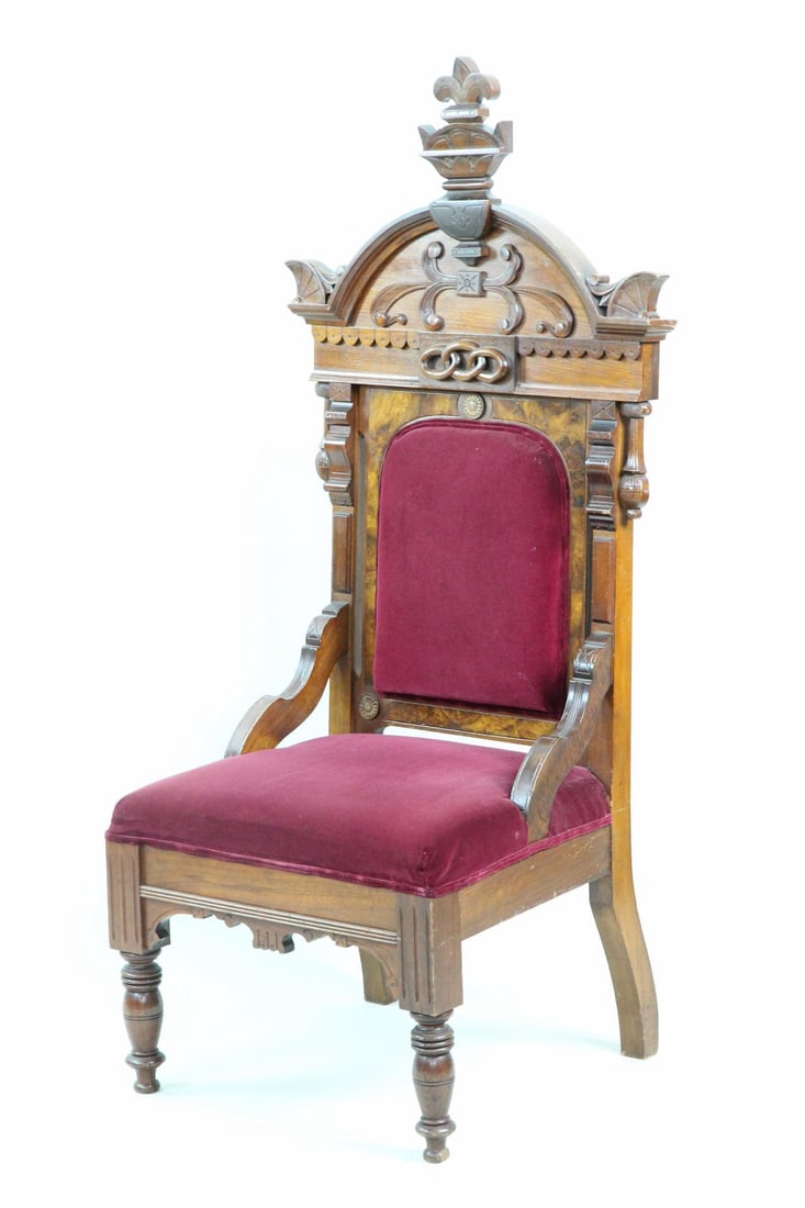 Gothic Revival Wood & Velvet Odd Fellows Throne Chair (1 of 16)