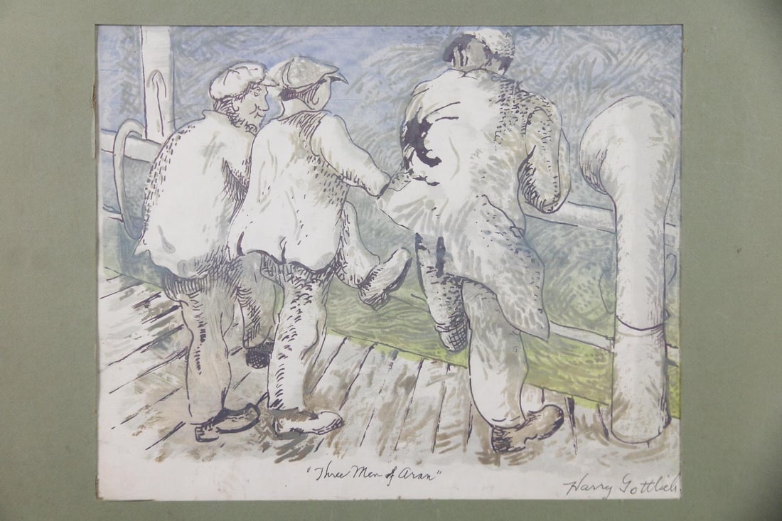 Harry Gottlieb Social Realist Colored Lithograph "Three Men of Aran", WPA Era: Harry Gottlieb Social Realist Colored Lithograph "Three Men of Aran". Lithograph enhance with watercolor, signed lower right by the artist Harry Gottlieb (American 1895 - 1992), know for hisSocial