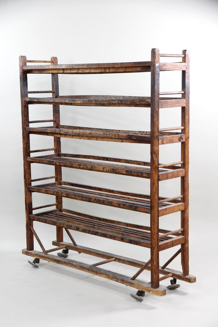 Industrial Rolling Wooden Baker's Rack, Slatted Shelves (1 of 12)