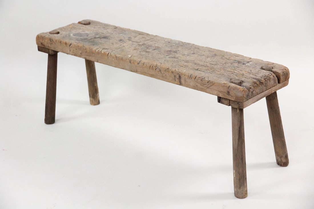 Primitive Farmhouse Wooden Bench, Splayed Legs (1 of 7)