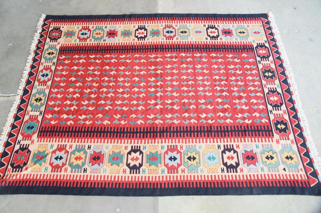 Turkish or Balkan Kilim Wool Rug, Red & Teal (1 of 9)