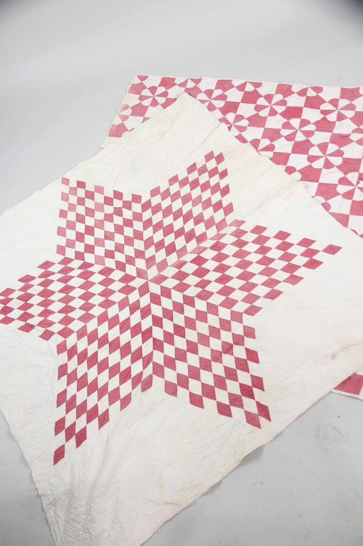 Pair of Geometric Cotton Quilts, Red & White (1 of 14)