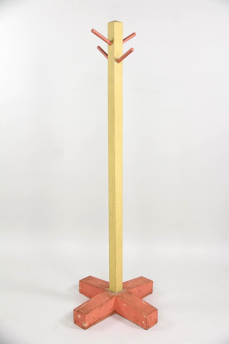 Primitive Wooden Coat Rack, Yellow & Pink Paint (1 of 8)
