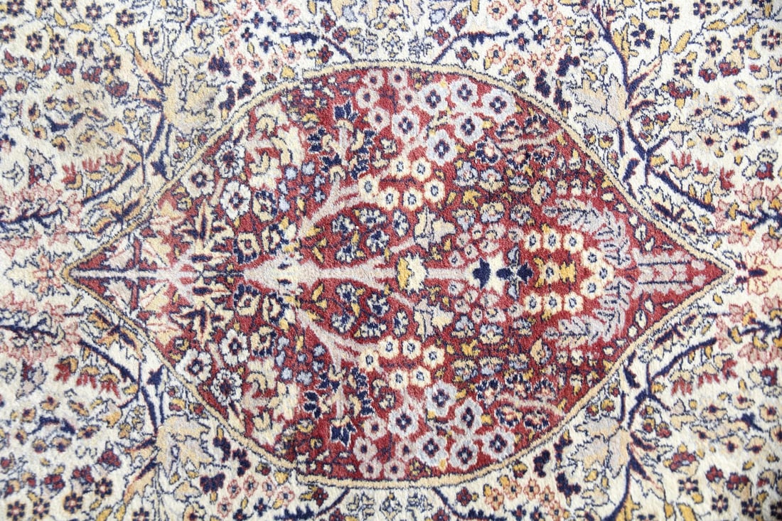 Persian Wool Rug, Tree of Life: Persian Wool Rug, Tree of Life. A densely woven Persian rug with 'Tree of Life' motif and curvilinear borders. Wool on cotton in muted tones of brown, gold, navy, & beige. Dimensions are 85 in h